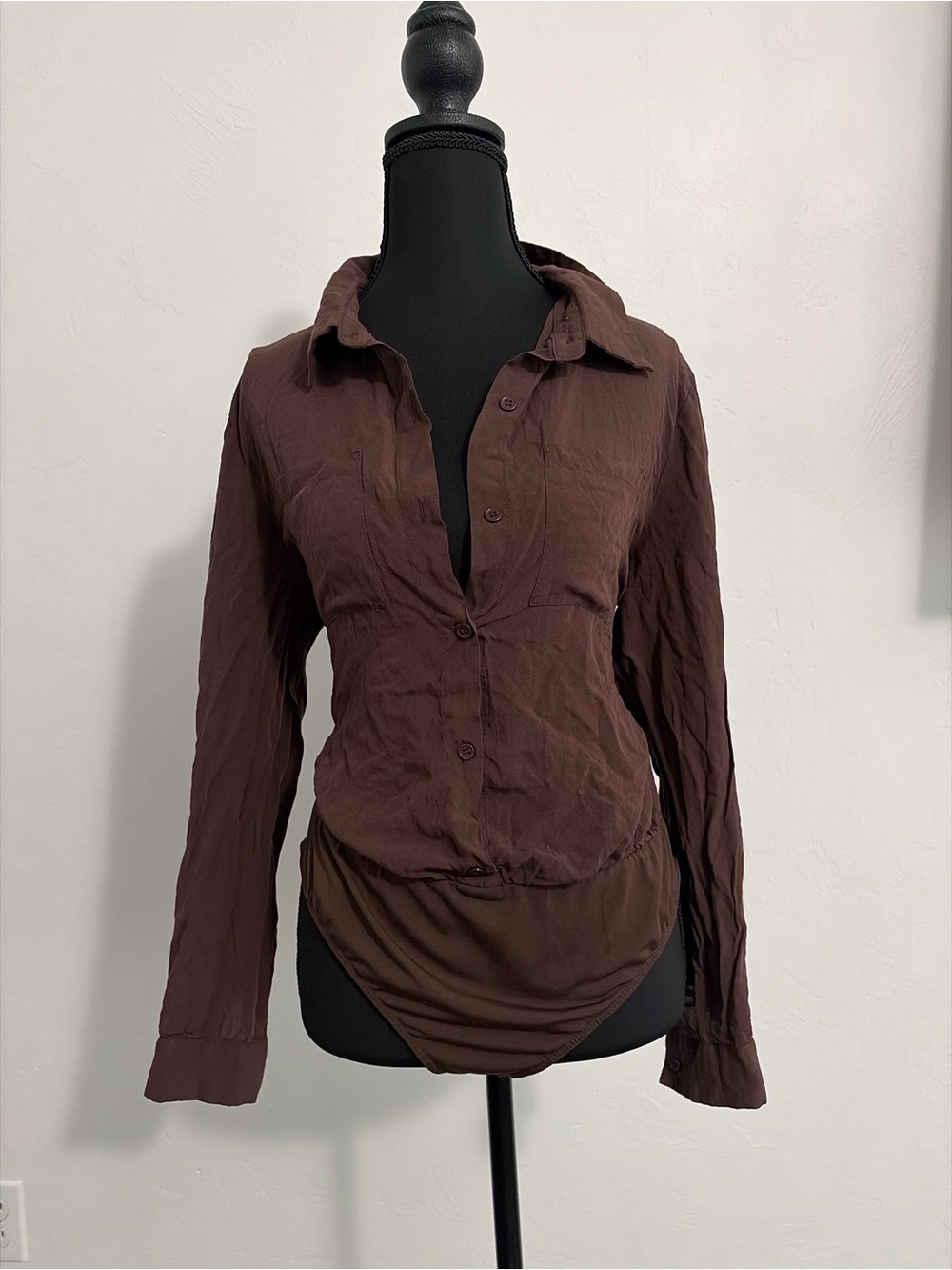 Fashion Nova Chocolate Brown Button-Down Long Sleeve Shirt